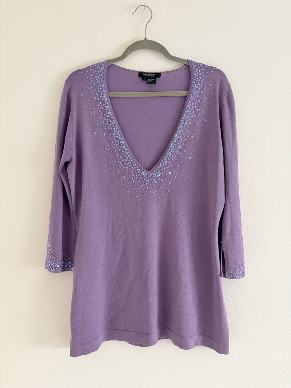Karen Kane Lilac Lavender V-Neck Embellished Knit Top Tunic Silk Blend